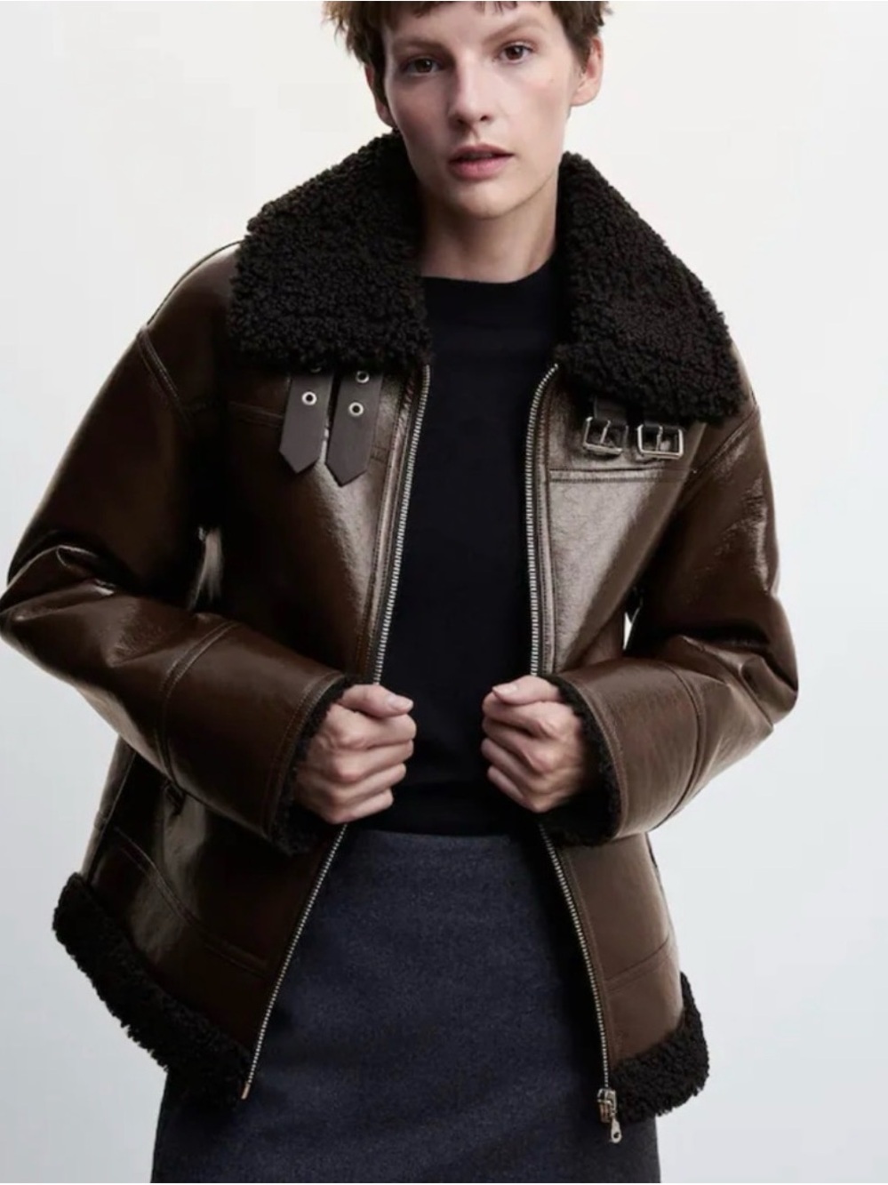 Women’s Dark Brown Shearling-Trim Leather Jacket